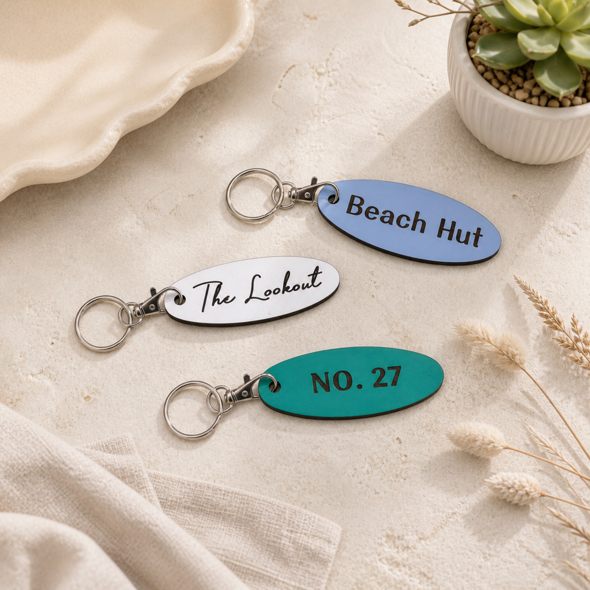 Personalised Oval Wooden Beach Hut Keyring, Coastal Cabin Keys, Laser Engraved Fob