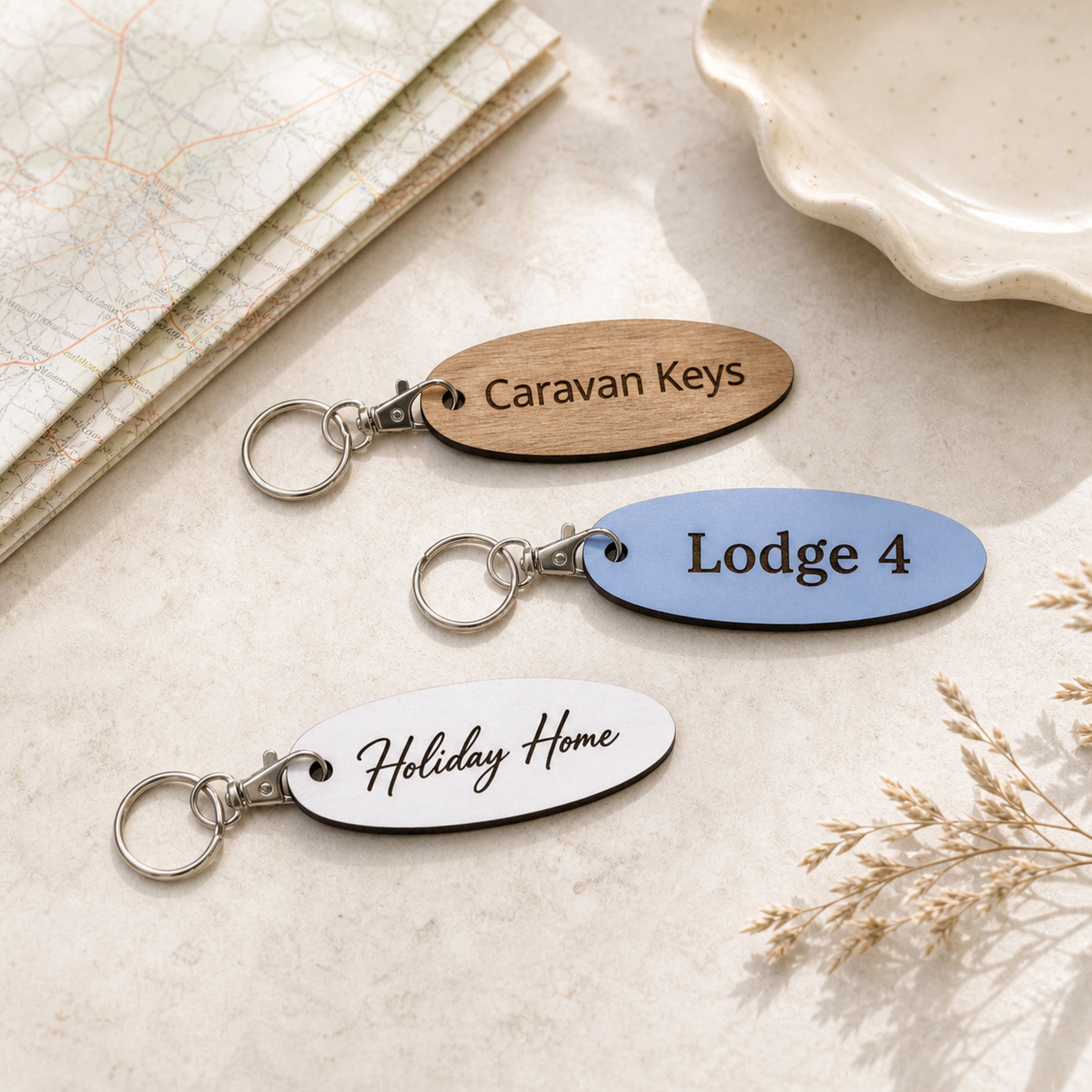 Personalised Oval Wooden Keyring, Engraved Caravan Lodge Fob