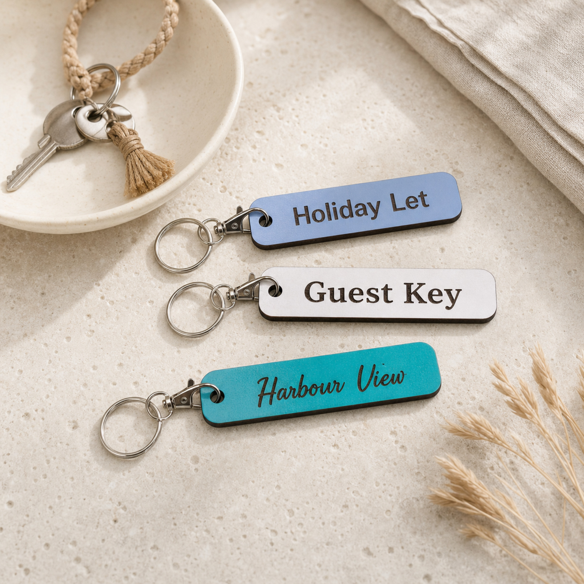 Personalised Rectangular Wooden Key Fob, Laser Engraved Holiday Let Keyring