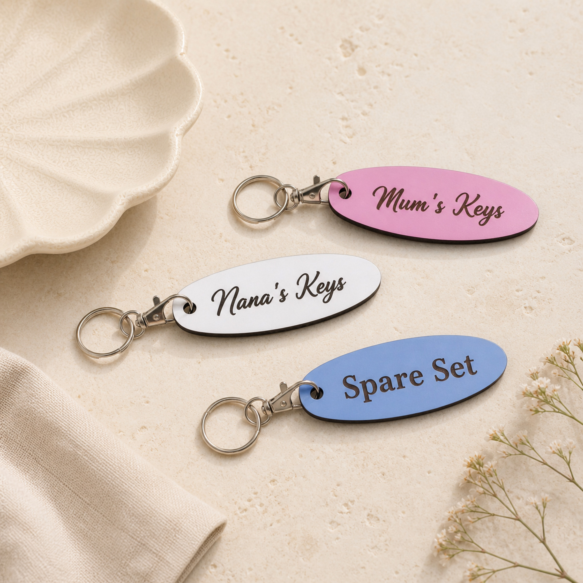 Personalised Oval Wooden Keyring, Engraved Mum Nan Family Gift