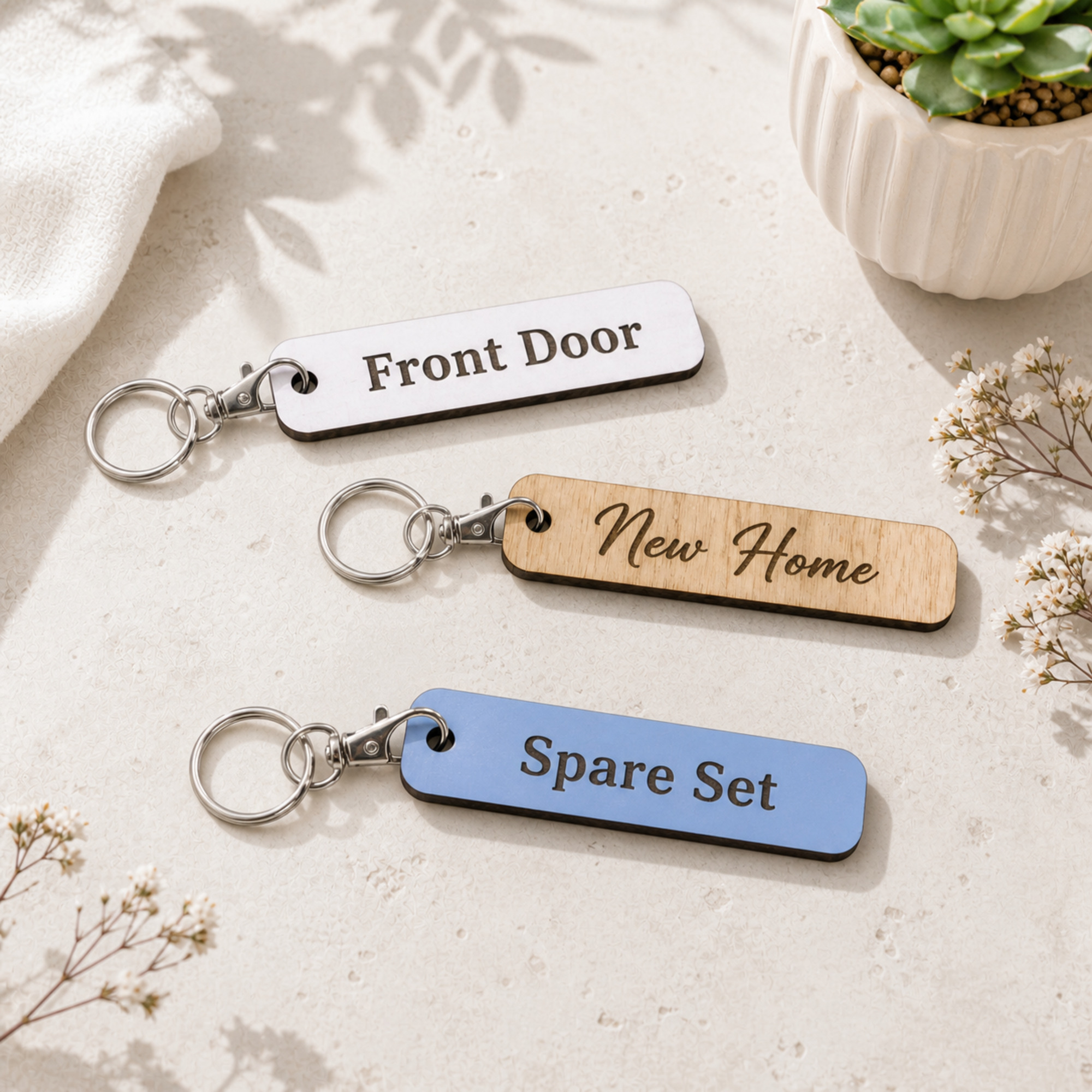 Personalised Rectangular Wooden Key Fob, New Home House Keys Gift