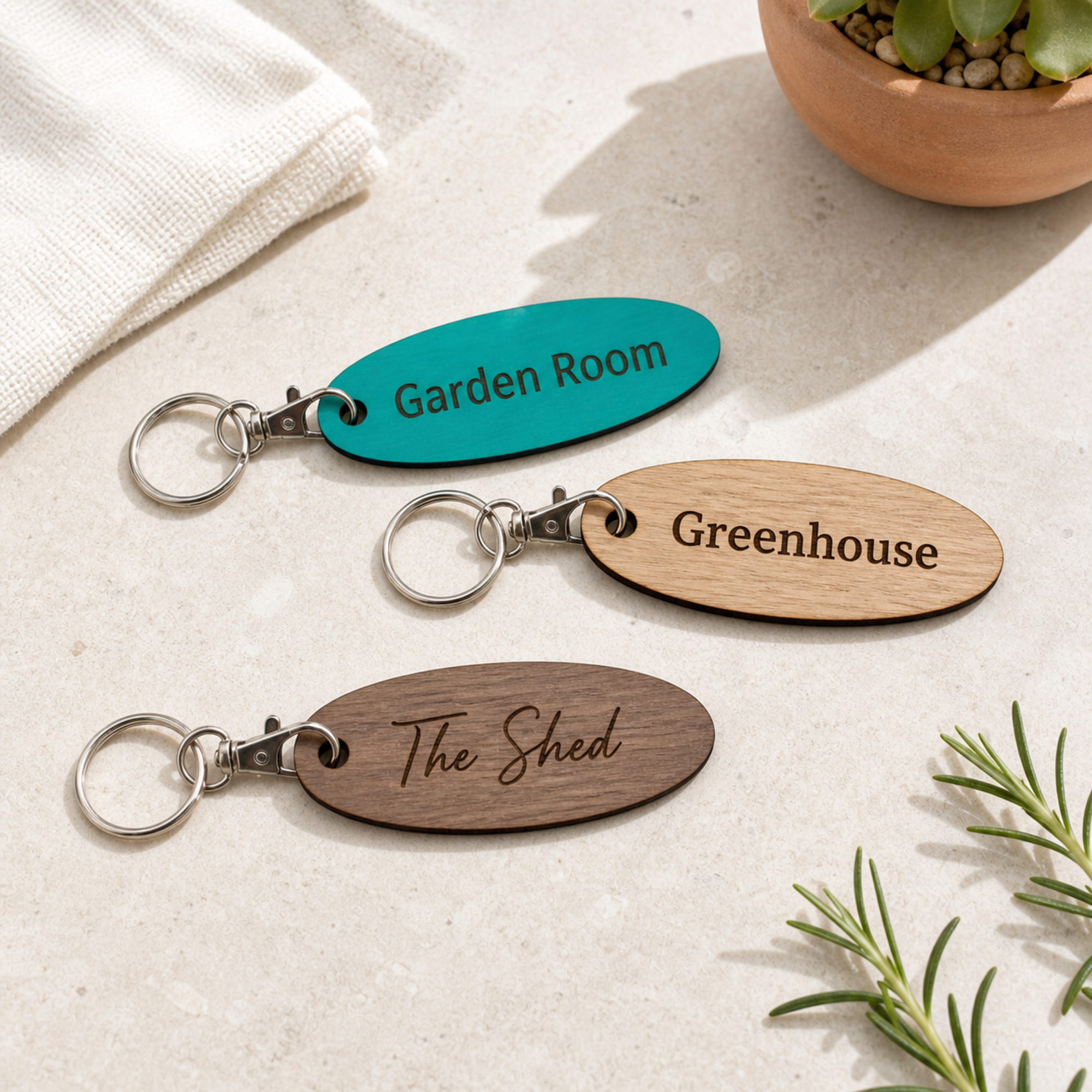 Personalised Oval Wooden Keyring, Garden Shed Studio Workshop Key Fob