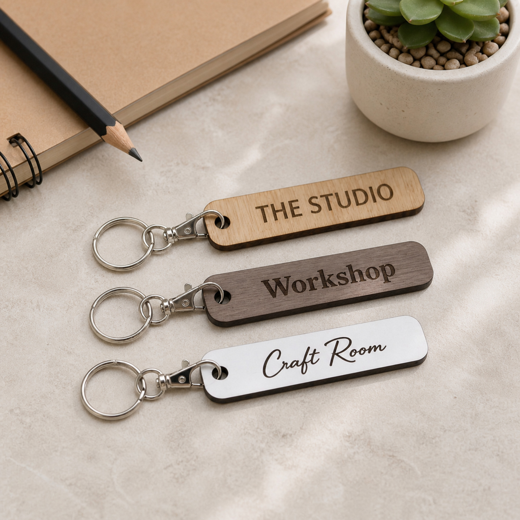 Personalised Workshop Keyring, Rectangular Wooden Key Fob for Studio, Office, Salon or Stock Room